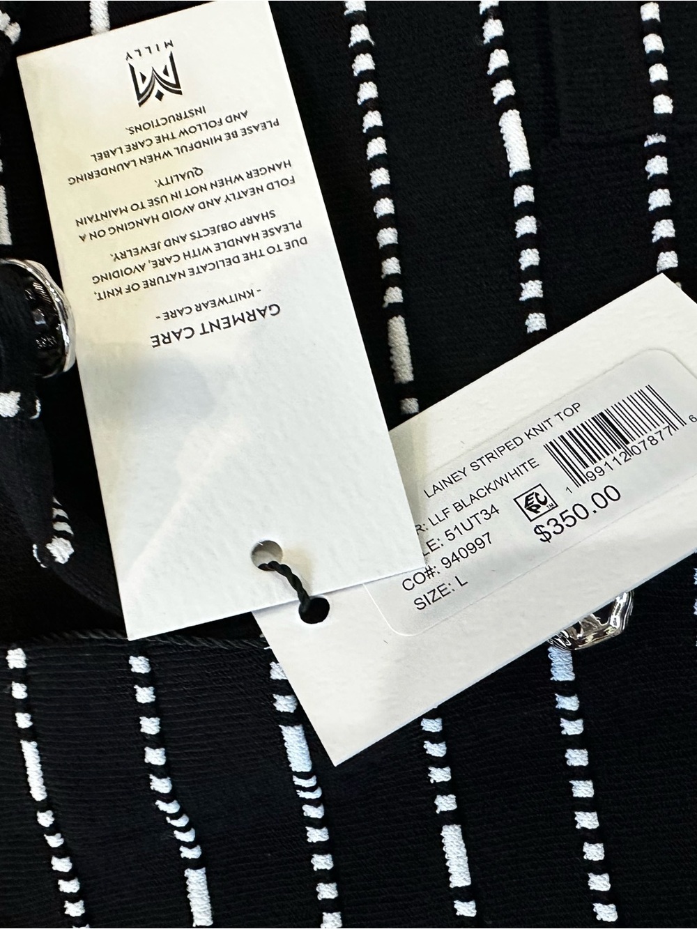 Milly Black Sleeveless Button-Front Knit Top with White Dotted Stripes - NWT - Picture 6 of 9